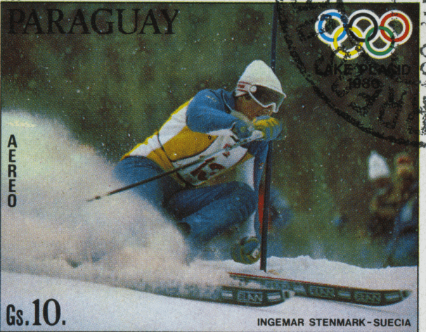 Stamp showing Ingemar Stenmark at the Winter Olympics, Lake Placid. Circa 1980.