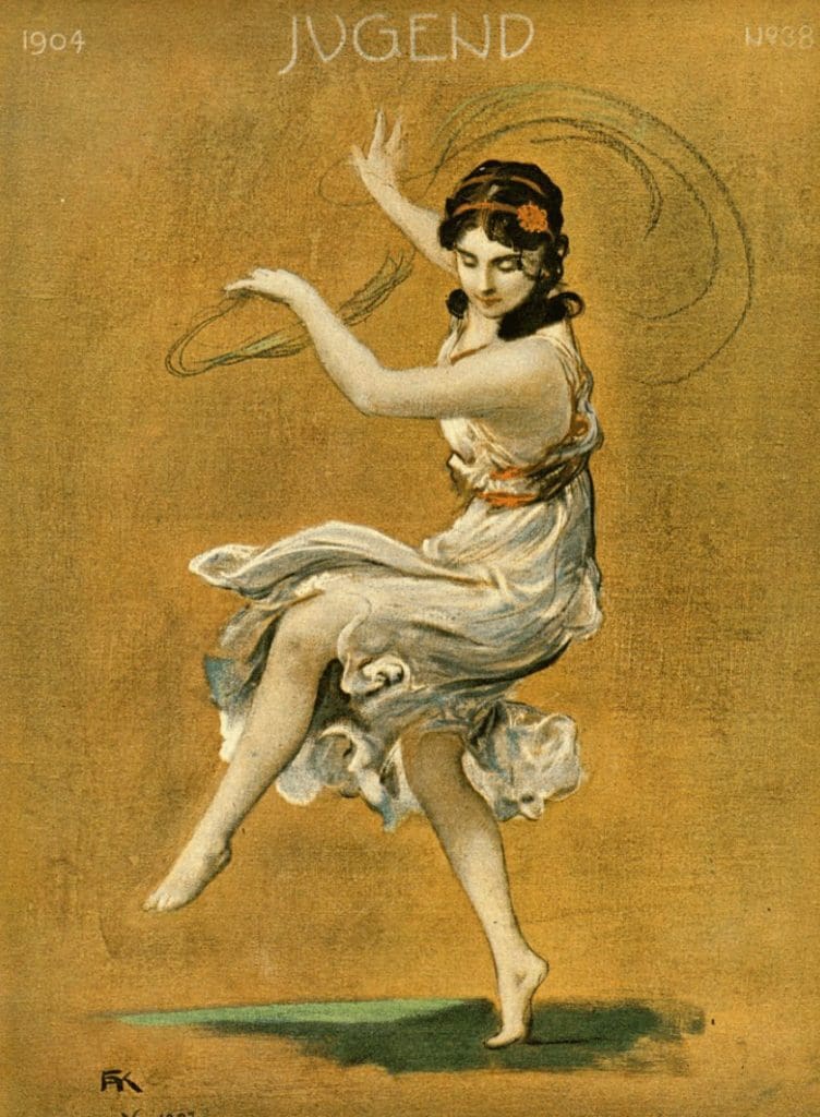 Isadora Duncan dancing in a postcard titled ‘Youth’. 1912. 